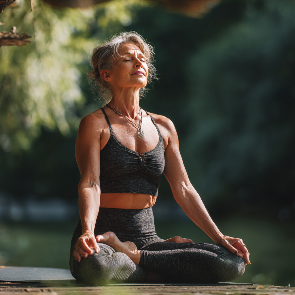 Romanian adults of various ages practicing gentle yoga poses in a serene natural setting, focusing on flexibility and mindful movement